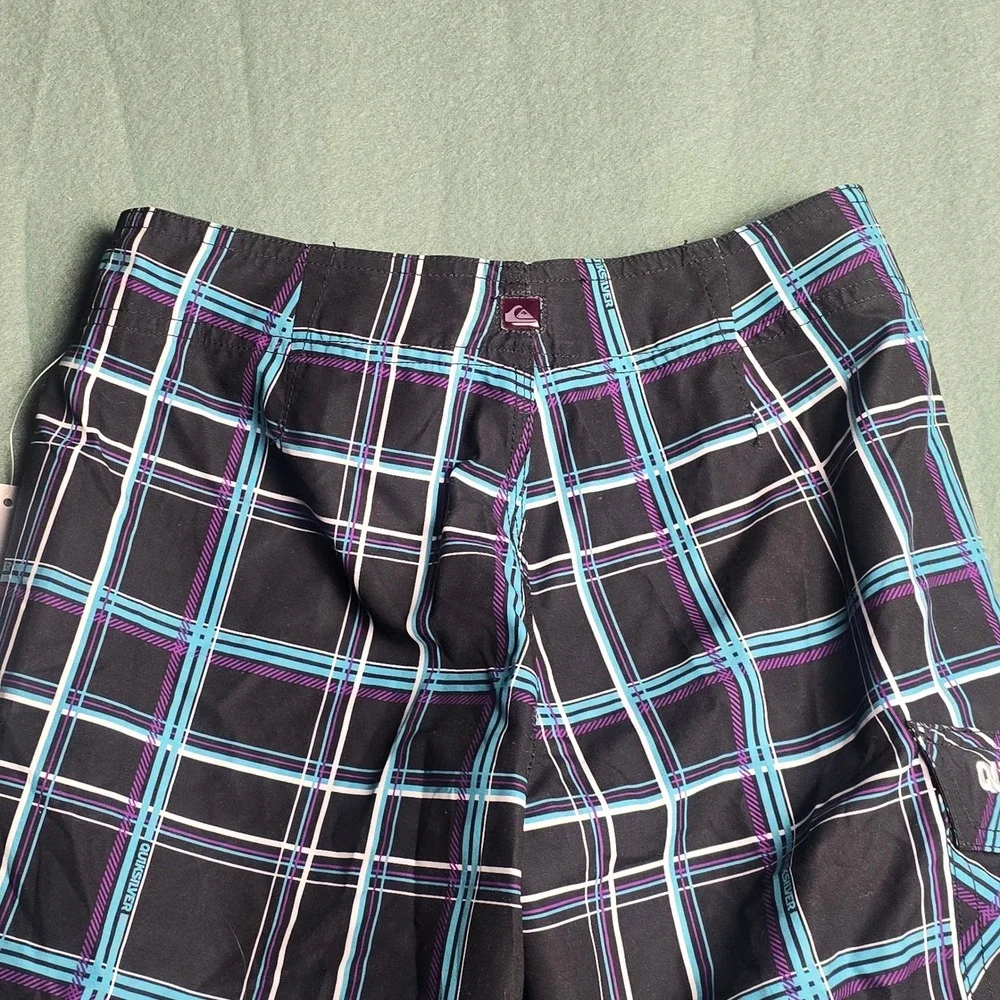 Quiksilver‎ Boys Plaid Board Shorts Black Teal Purple Swim Trunks Size 10 NEW